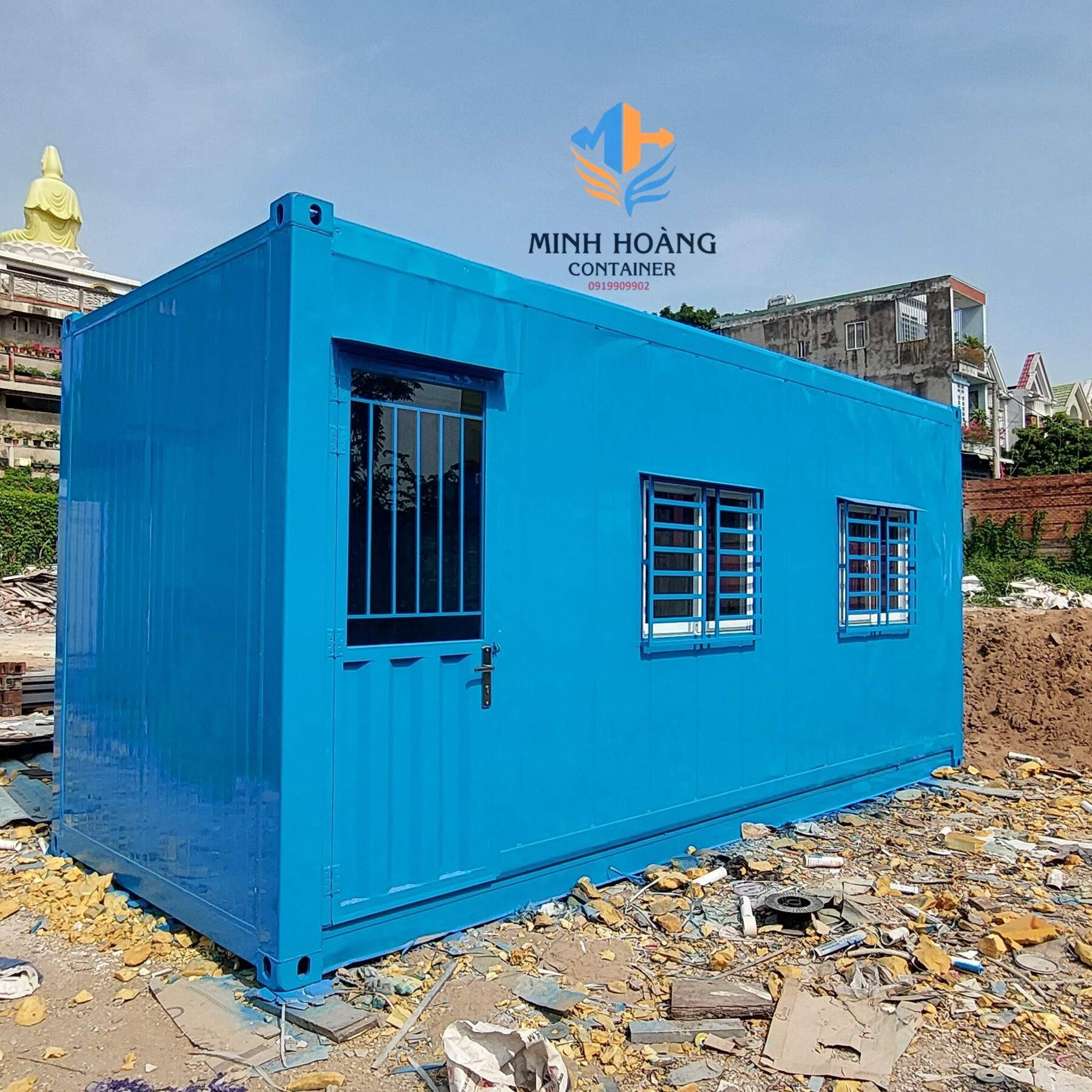 Container văn phòng 20 feet xanh dương đầy đủ điện đèn quạt